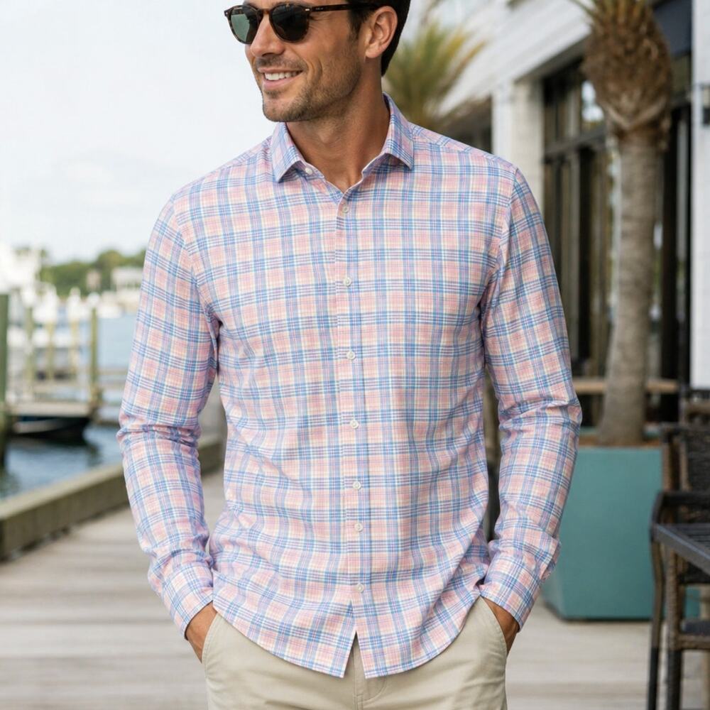 Mizzen+Main Savannah Button Down Shirt Pink Blue Plaid SZ M Trim Fit Performance